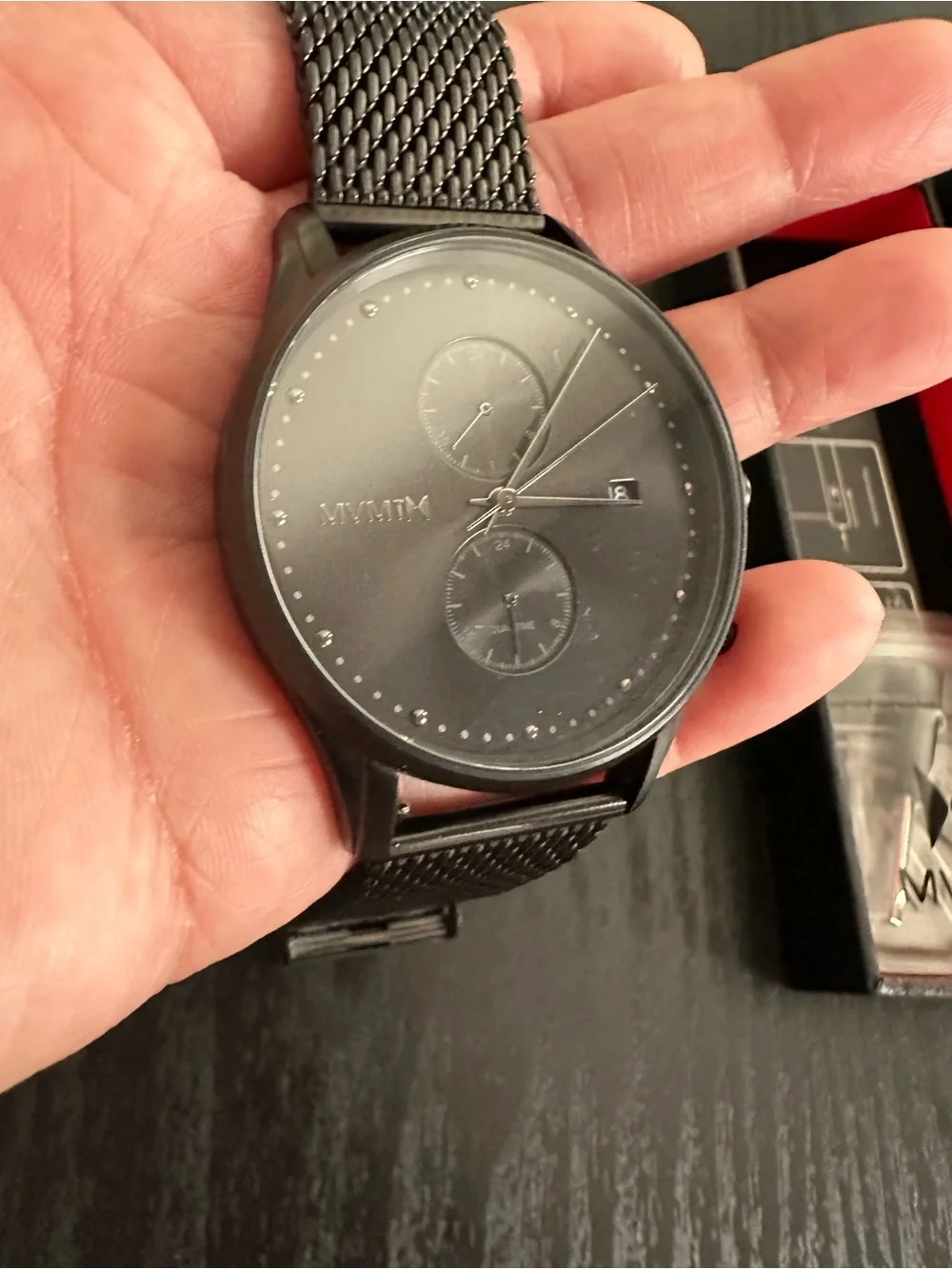 MVMT Black Mesh Chronograph Watch with extra Tan Leather Strap and Box 42mm